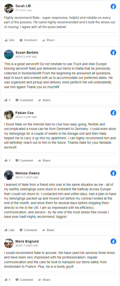 client reviews from Facebook of Truck and Man Moving Service
