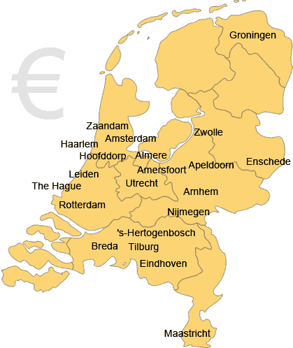 map of the Netherlands with cities showing price examples